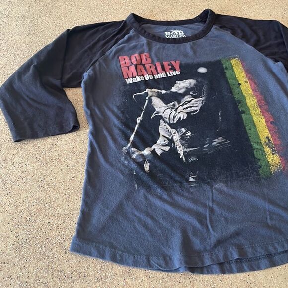 Bob Marley Wake Up and Live gray and black 3/4 sleeve baseball t-shirt - Picture 3 of 14